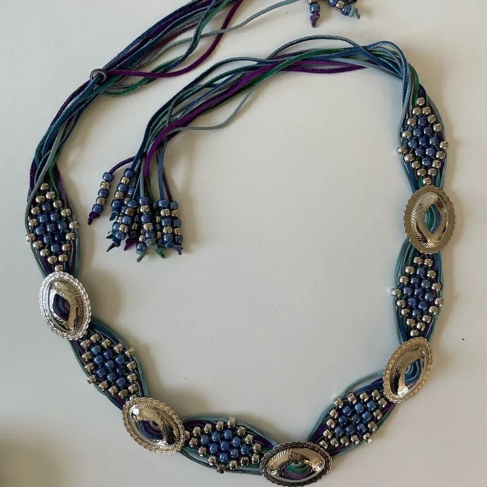 Western Leather Beaded Sash Style Belt EUC